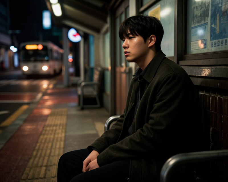 A weary youth in a Korean urban setting